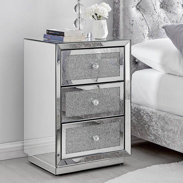 East Urban Home Crushed Diamond Mirrored 3 Drawer Nightstand Luxury